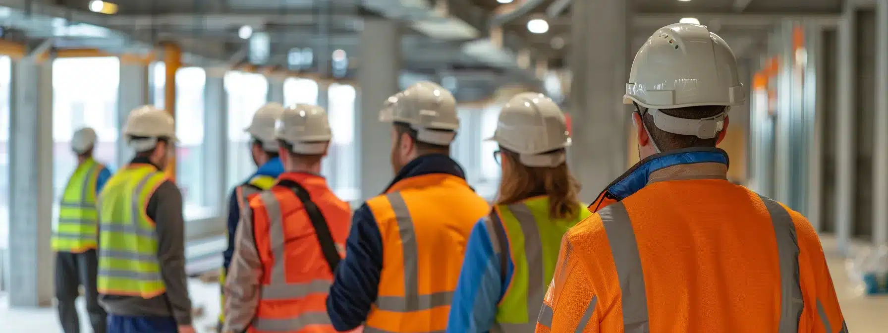 a group of employees in safety gear conducting a workplace health and safety training session.