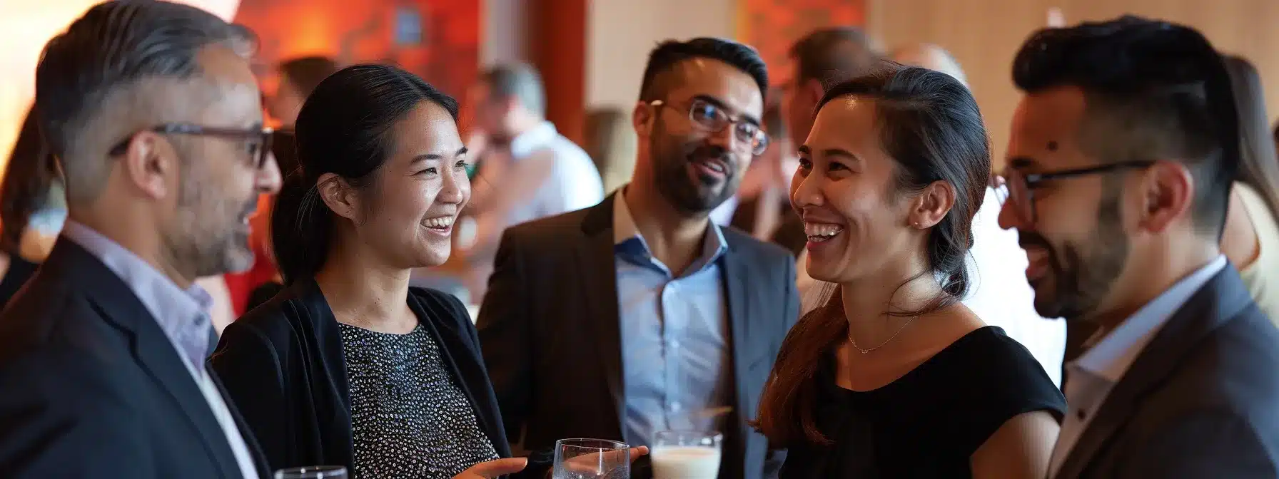 a diverse group of professionals engaged in a lively discussion at a networking event.
