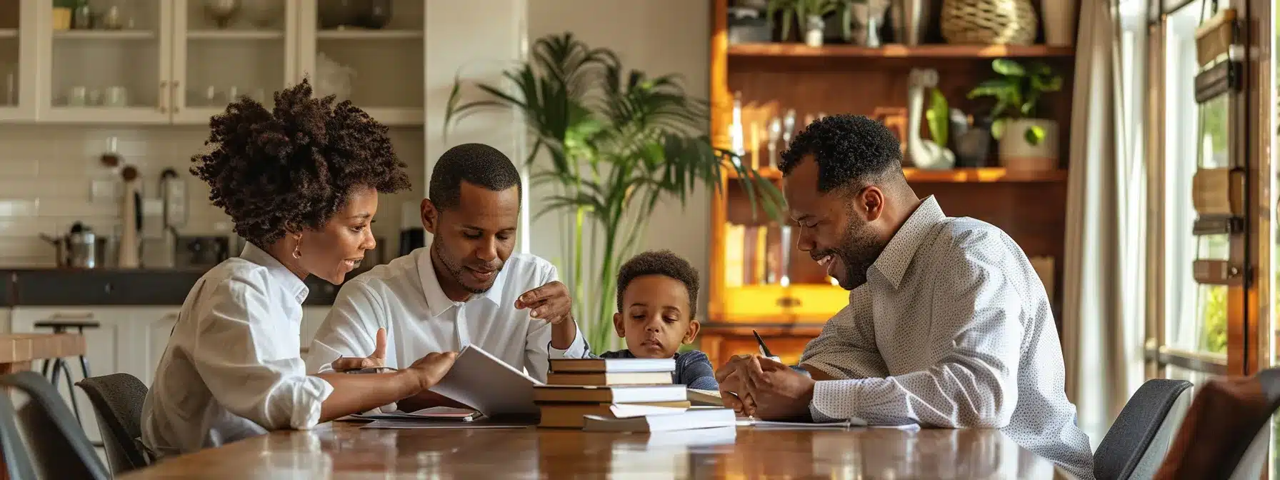 a family sitting around a polished wooden table, discussing business strategies and governance practices, with focused expressions and a stack of papers in the center.