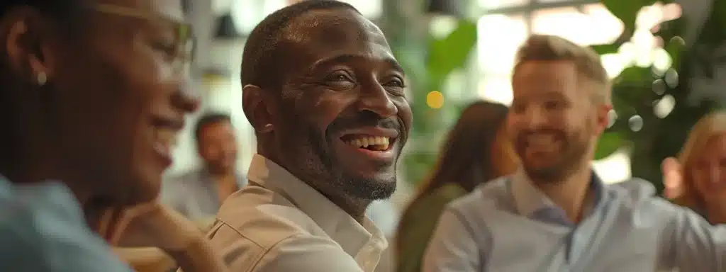 a group of smiling entrepreneurs discussing business strategies and enjoying a successful meeting.