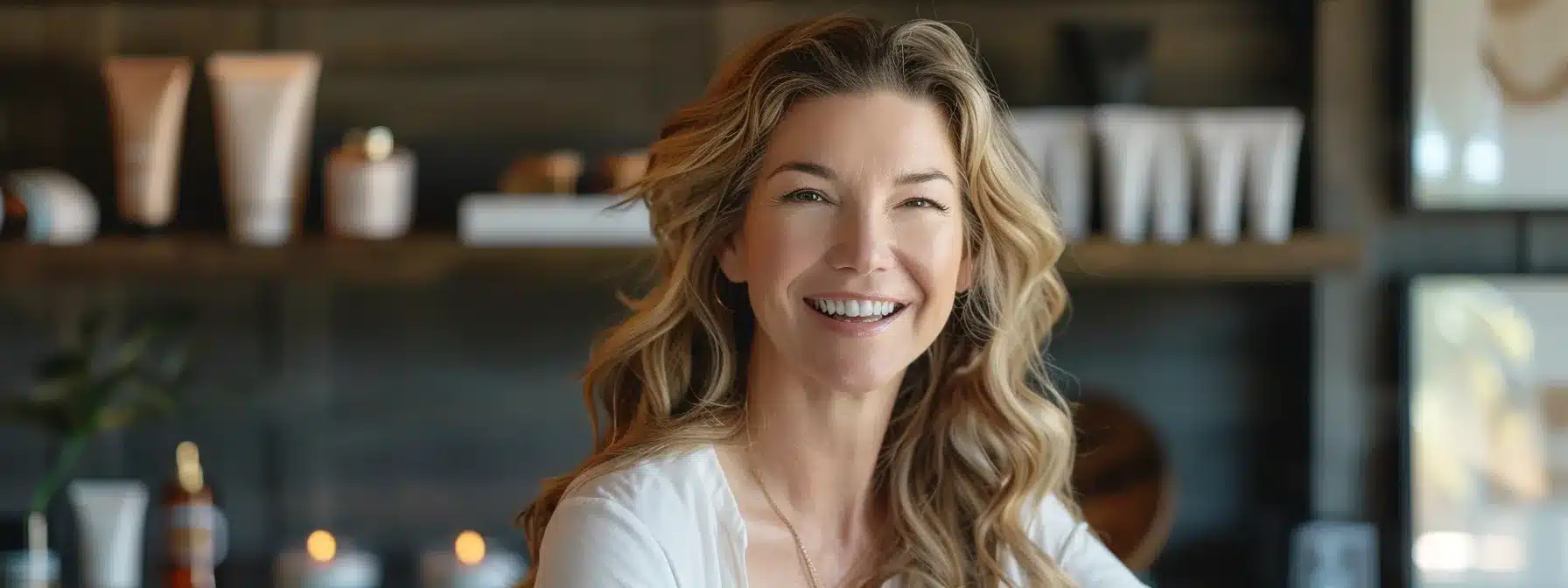a smiling sarah blakely, radiating joy and resilience, balancing a stack of spanx products with a backdrop of growth and empowerment.