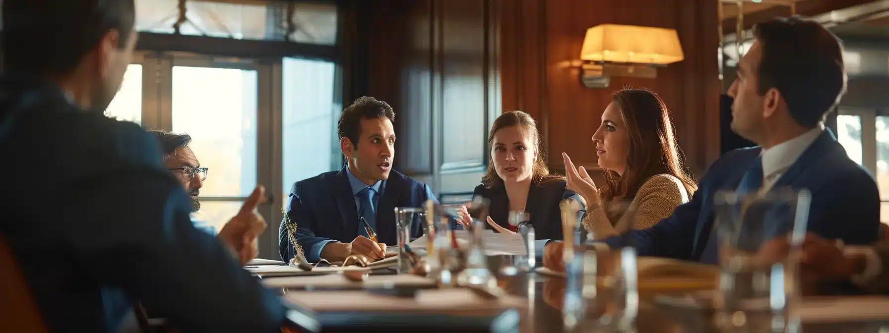 a group of business owners meeting with a financial adviser planning their estate.