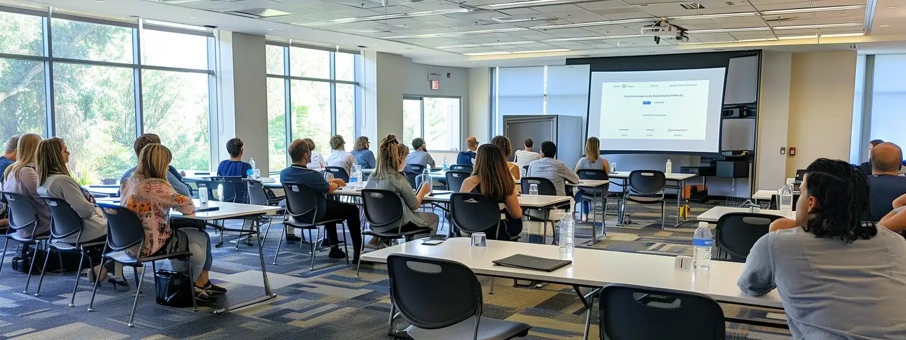 employees attending a financial management workshop in a bright and spacious conference room.