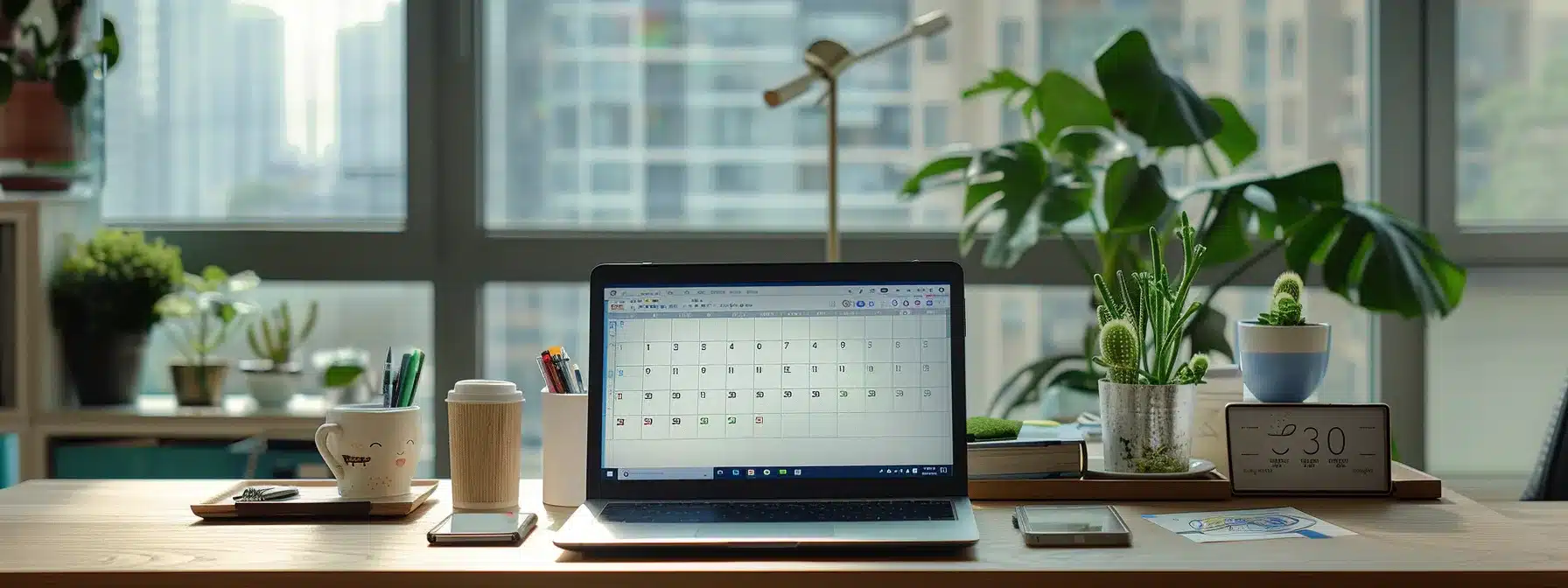 an office desk with a calendar, a phone, and a laptop displaying a task management application.