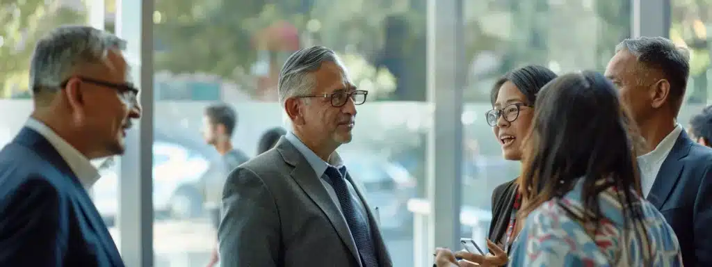 a diverse group of people engaged in intense conversations during a business meeting.