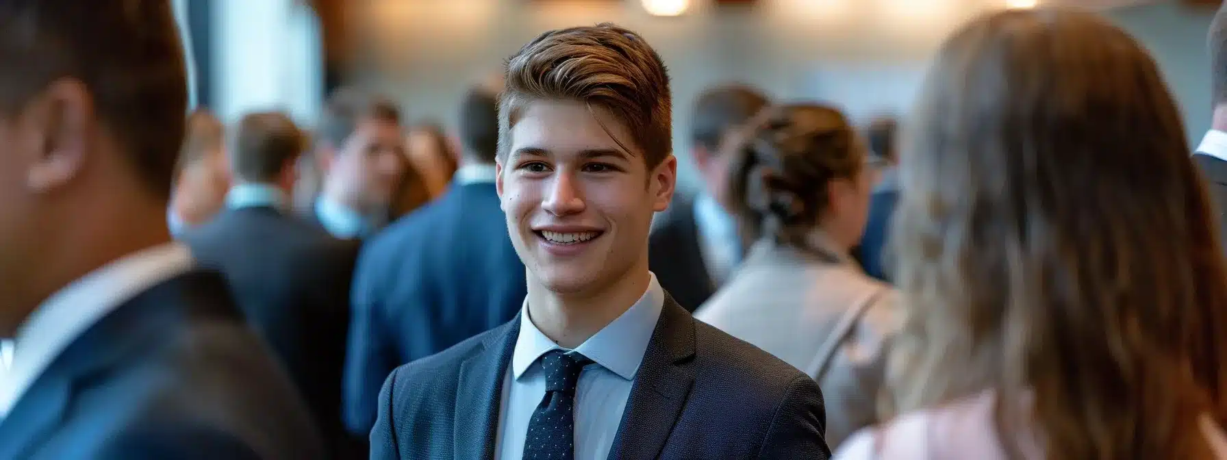 a young professional in business attire confidently networking at an industry conference, surrounded by a diverse group of professionals exchanging ideas and insights to enhance their skills and broaden their perspectives.