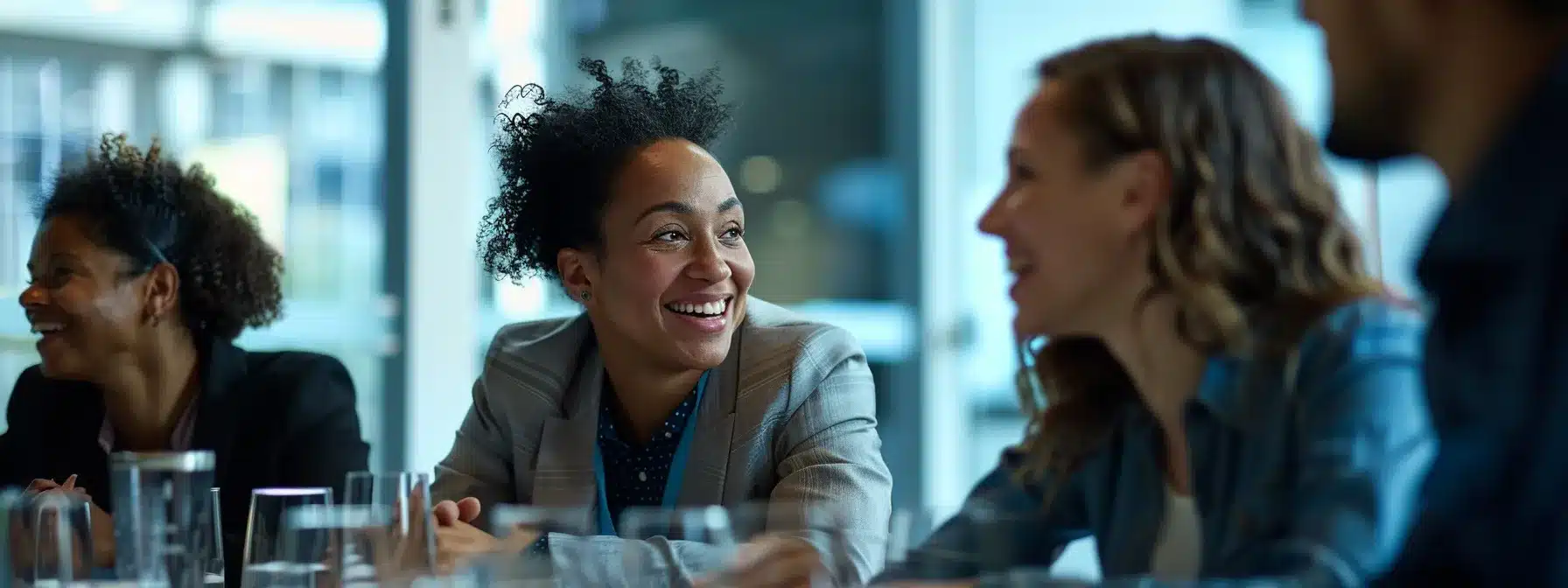 a group of employees gathered around a table, smiling and sharing expressions of gratitude during a team meeting.