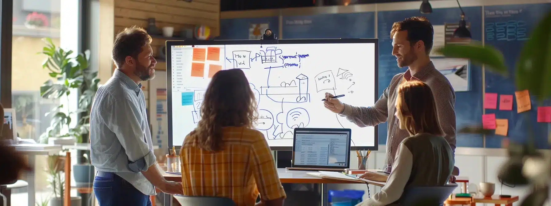 an office team collaborating and brainstorming together on a whiteboard filled with goals and strategies.