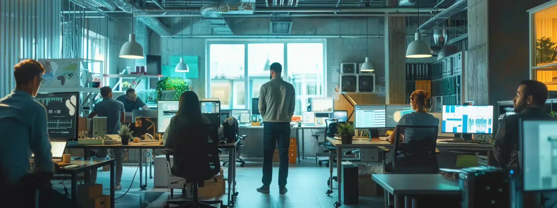 a bustling office space filled with high-tech gadgets and screens, showcasing a small business utilizing automation tools to boost productivity and innovation.