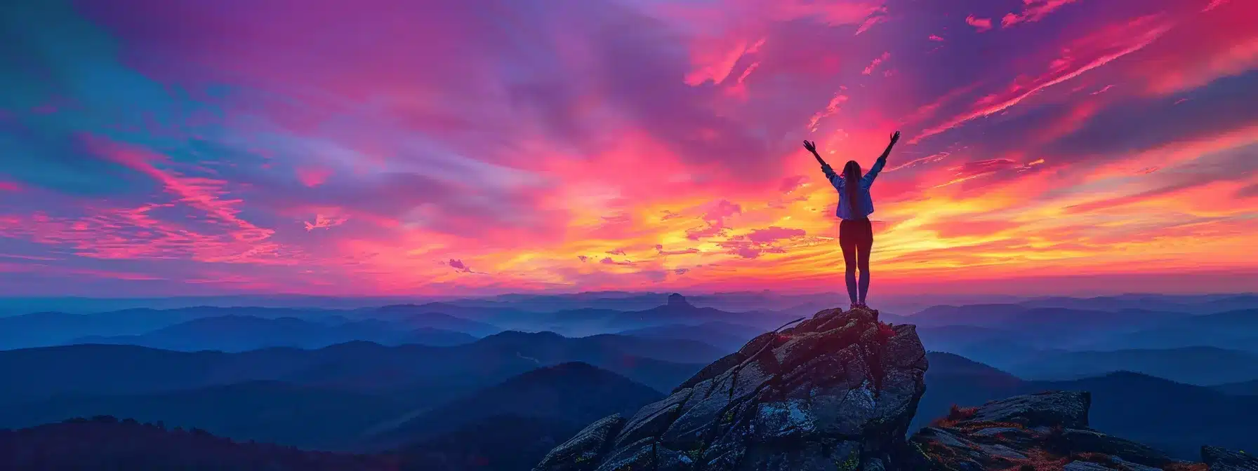 a woman standing on a mountain summit, arms raised triumphantly under a colorful sunset sky.