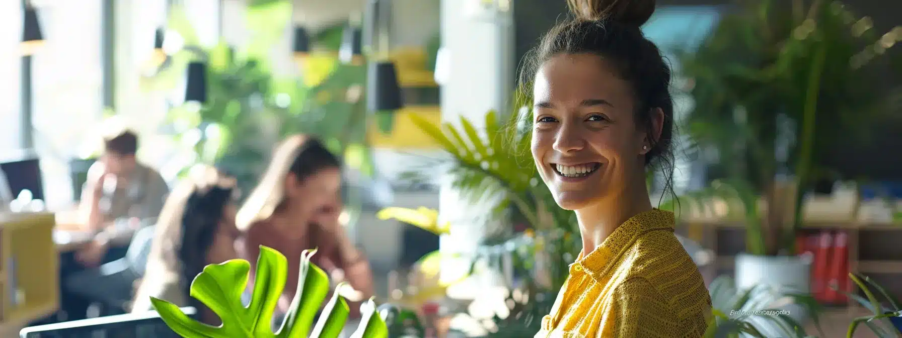 a smiling employee working in a vibrant, positive office environment, surrounded by supportive colleagues and uplifting decor.