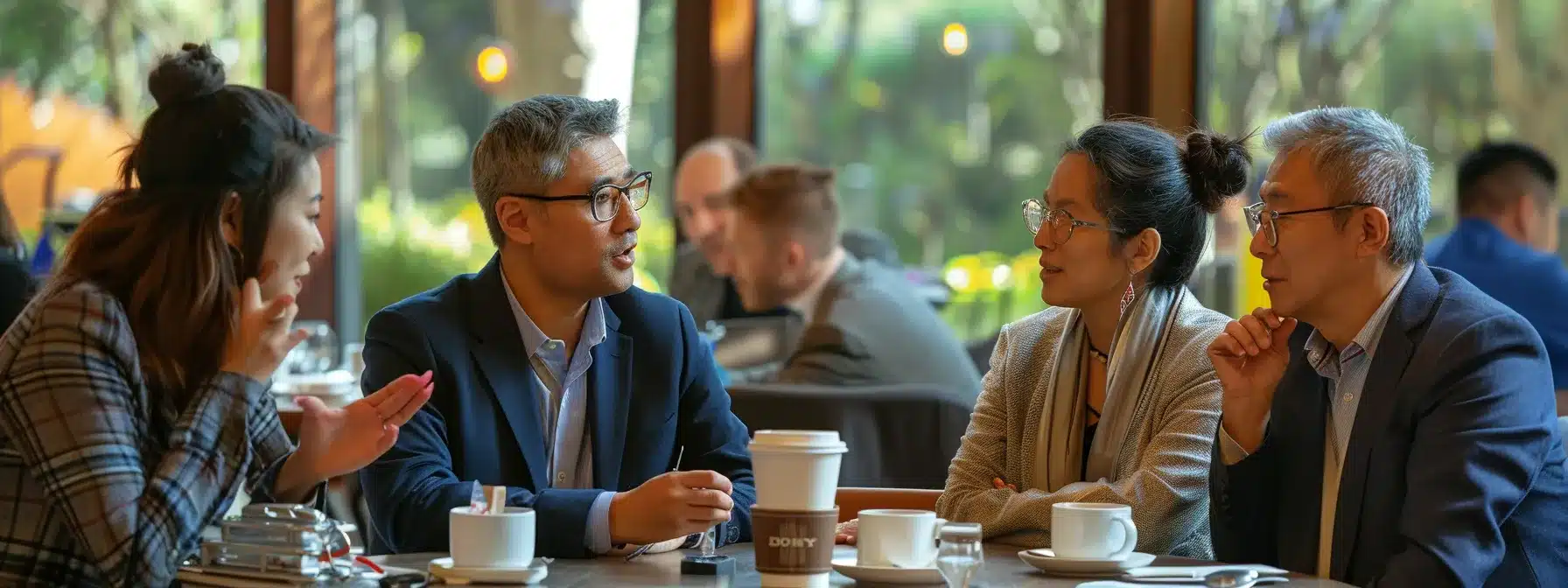 a group of diverse professionals engaged in deep conversation, sharing insights and connecting over coffee at a networking event.