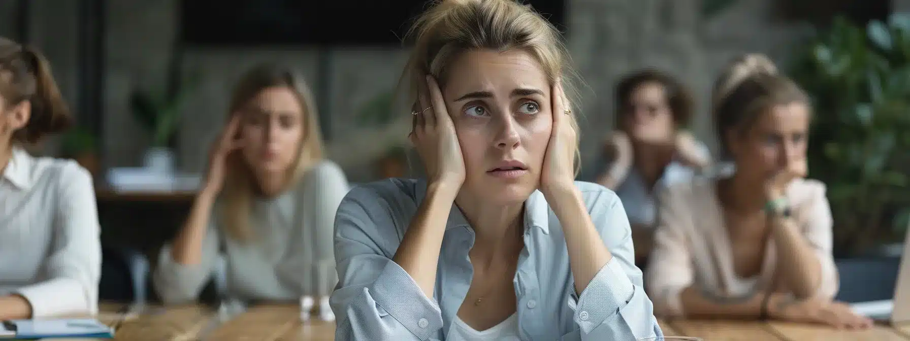 a person struggling to control their emotions during a team meeting, showing signs of low emotional intelligence.