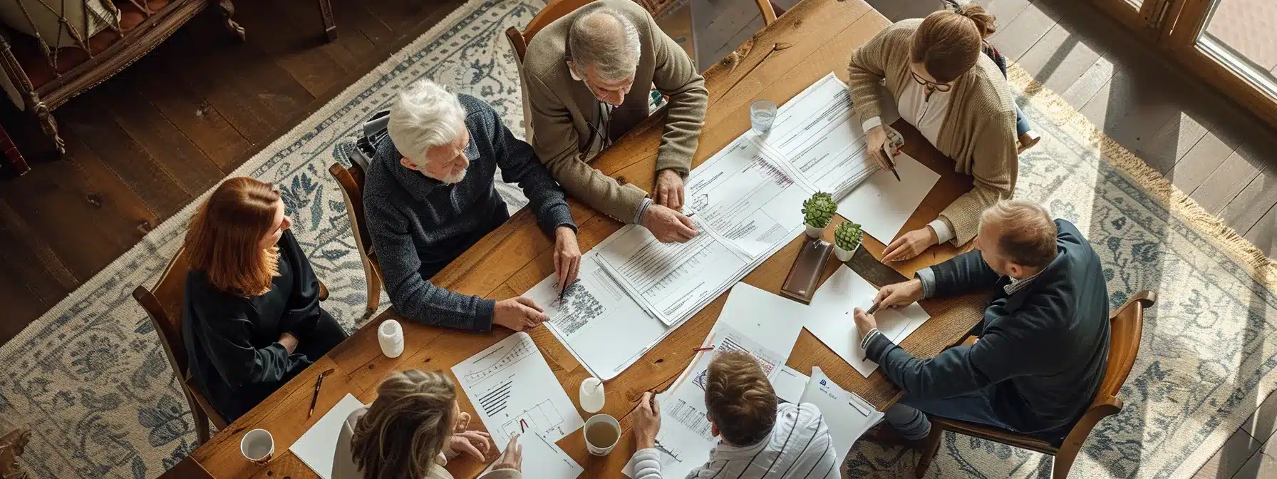 a family gathering around a large table, mapping out a detailed succession plan with a clear timeline and milestones.