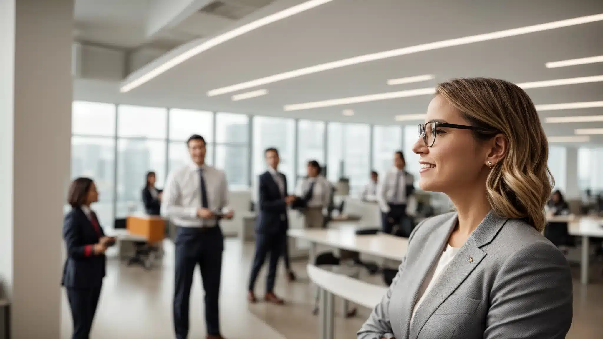 a corporate leader engages in a hearty interaction with employees in a bright, modern office, embodying a supportive and inclusive work environment.