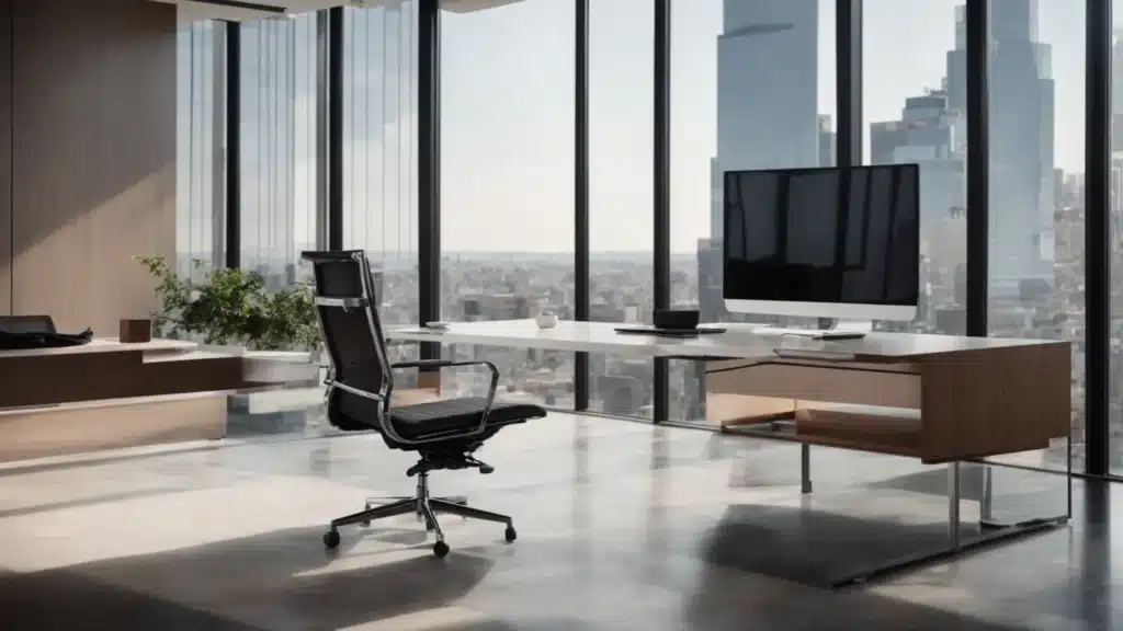 a sleek, modern office space with a clear desk, a high-backed chair facing a large window overlooking the city, symbolizing focus and organization in professional success.