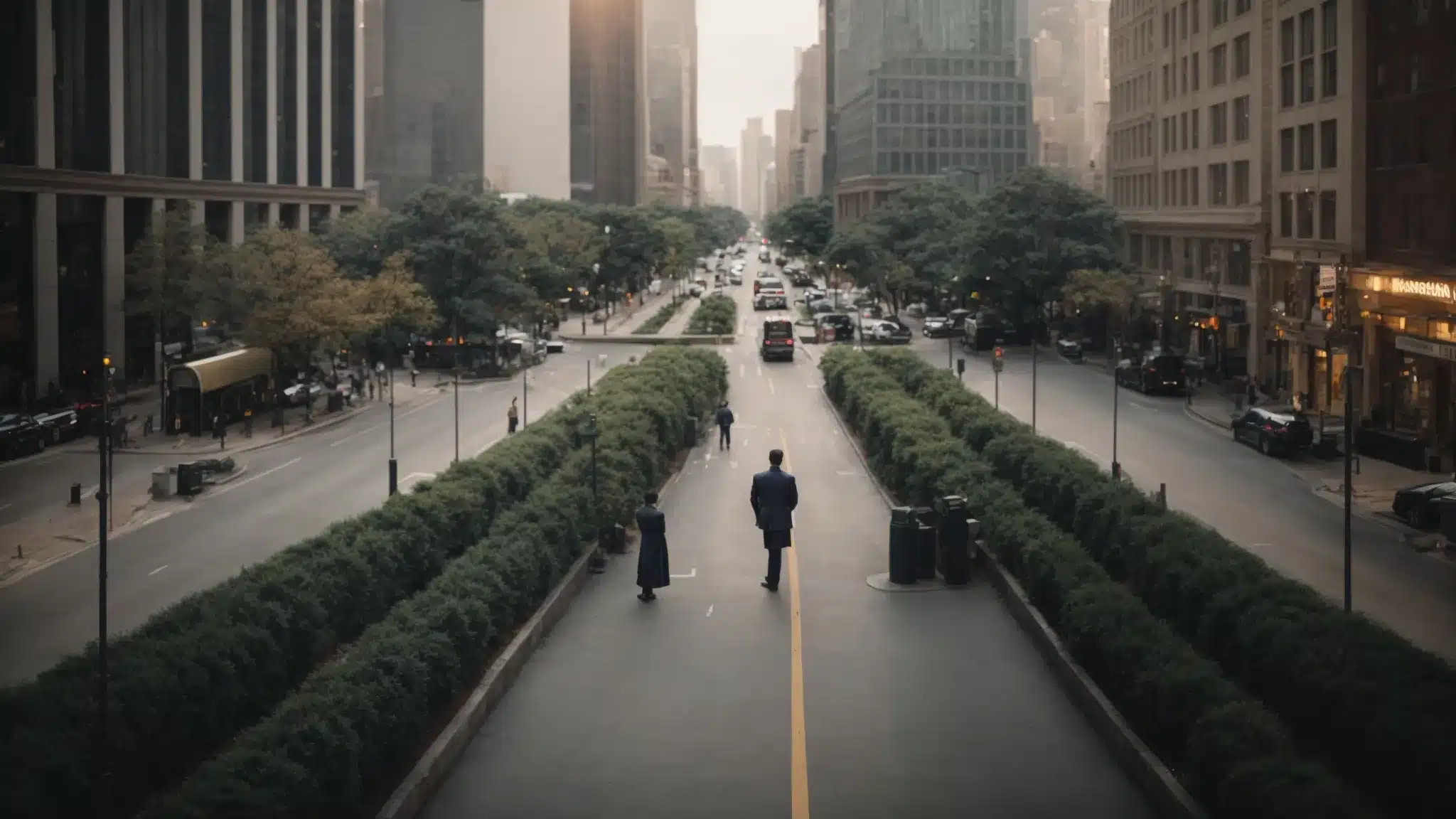 a person stands at the intersection of a serene park and a bustling city street, symbolizing the balance between personal life and professional demands.