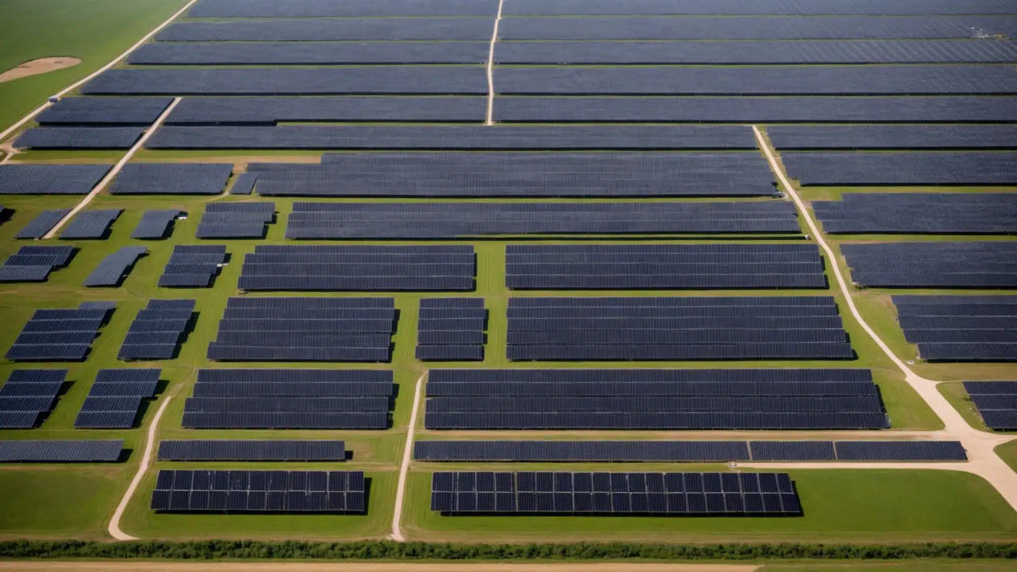 solar panels and wind turbines sprawled across an open field under a clear blue sky.