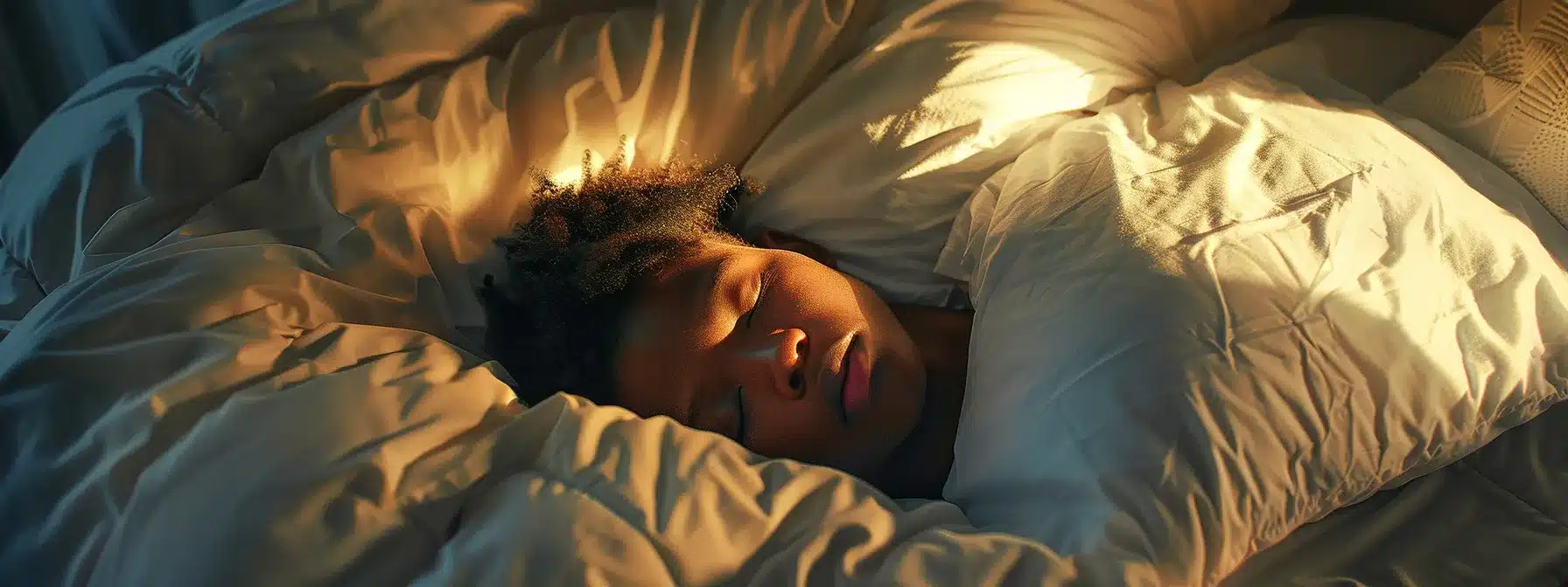 a person peacefully sleeping in a cozy bed, surrounded by soft pillows and blankets, with a serene expression on their face, emphasizing the importance of rest for enhanced performance.