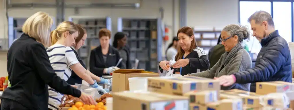 a group of diverse business professionals volunteering together at a local food bank, sorting and packing donations with compassion and teamwork.
